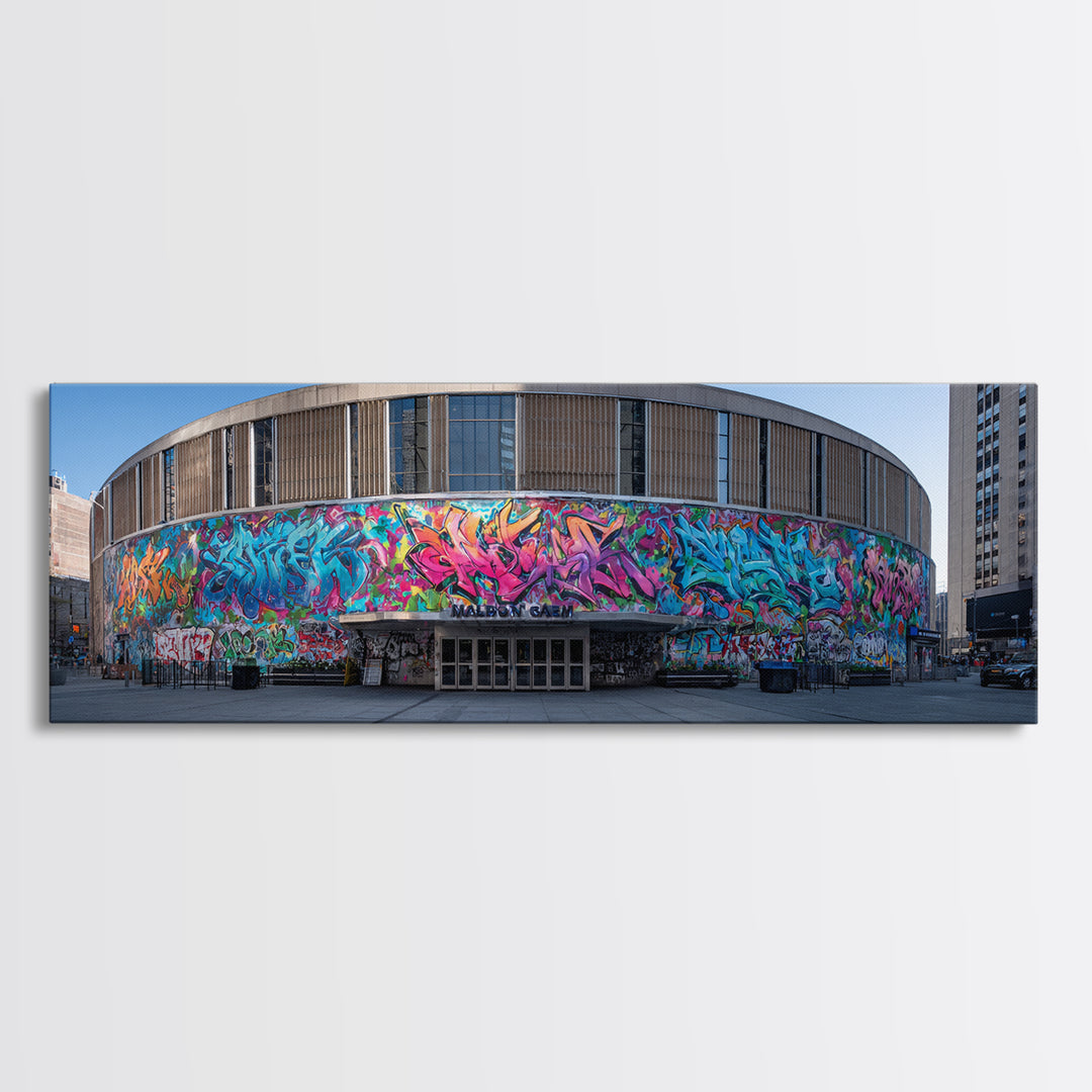 Vibrant Graffiti Wrapped Around Circular Building Urban Wall Art Modern Wall Decor Framed Canvas Print
