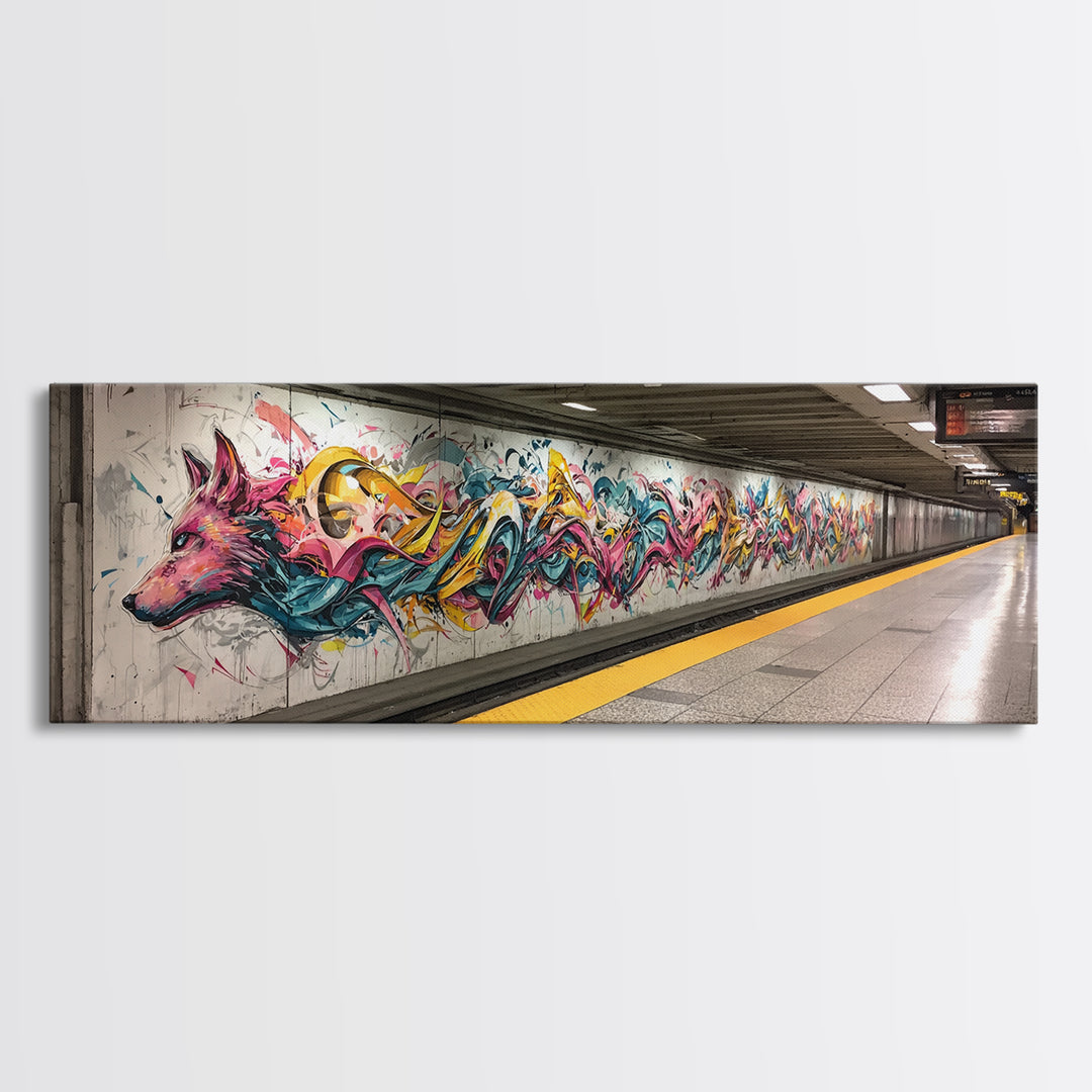 Vibrant Graffiti Mural Of Stylized Fox In Subway Station Long Abstract Street Art Wall Art Canvas Print