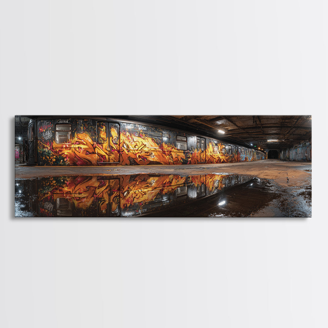 Mysterious Urban Graffiti Subway Station With Reflections Moody Street Art Large Canvas Print Framed Wall Art For Contemporary Decor