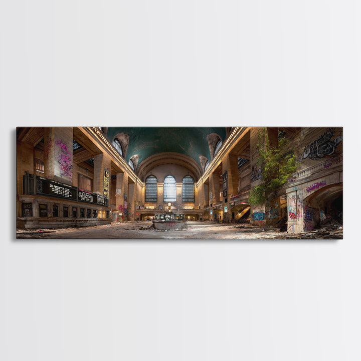 Abandoned Urban Train Station With Graffiti, Nature Reclaiming Space, Moody Decay Landscape Wall Art Canvas Print For Home Decor