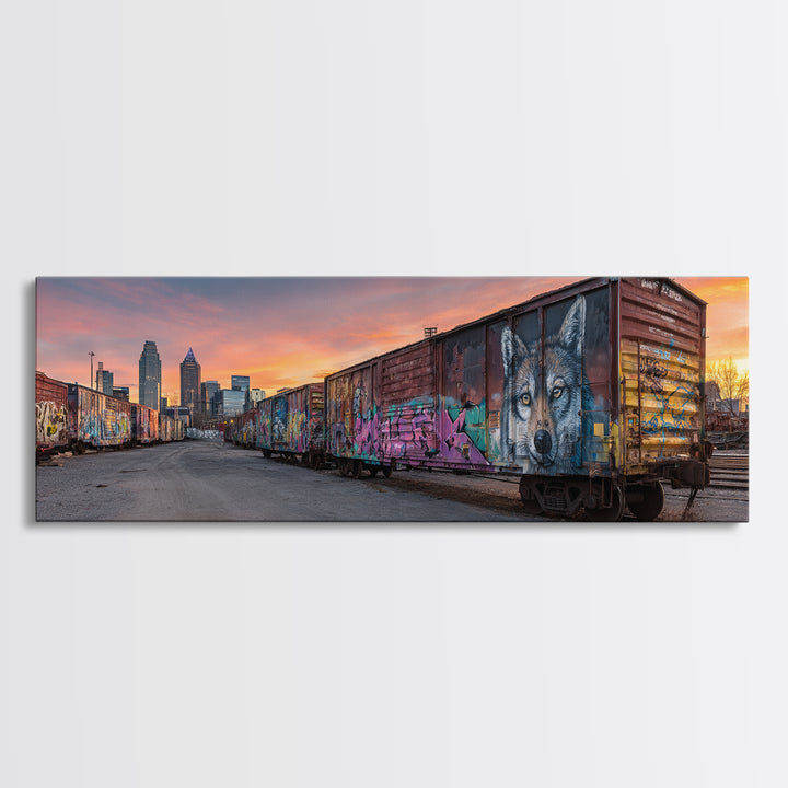 Sunset Skyline With City Train And Vibrant Graffiti Urban Wall Art Print For Modern Living Room Decor And Office Framed Canvas Print