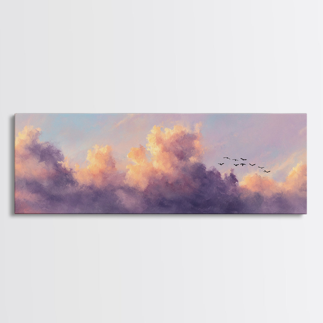 Lavender Sunset Clouds With Flying Birds Wall Art, Pastel Landscape Canvas Print, Calming Bedroom Decor, Living Room Art