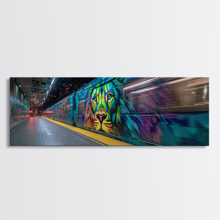 Vibrant Urban Graffiti Lion Mural On Subway Train Colorful Street Art Wall Decor Canvas Print