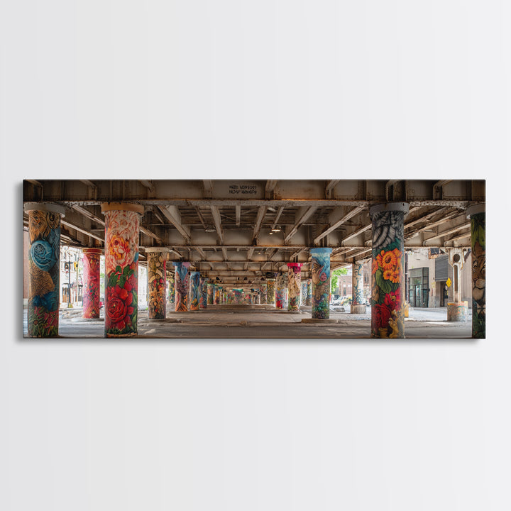 Colorful Graffiti Art On Urban Concrete Pillars Featuring Flowers And Animals Wall Art Vibrant Street Decor Framed Canvas Print