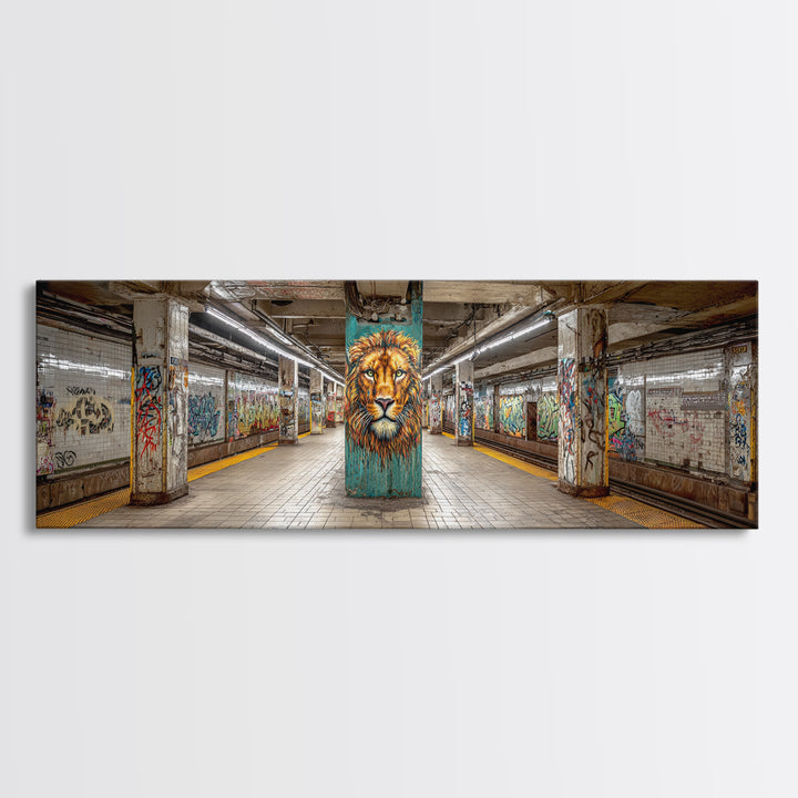 Urban Graffiti Style Subway Station With Bold Lion Mural Vibrant Wall Art Framed Canvas Print