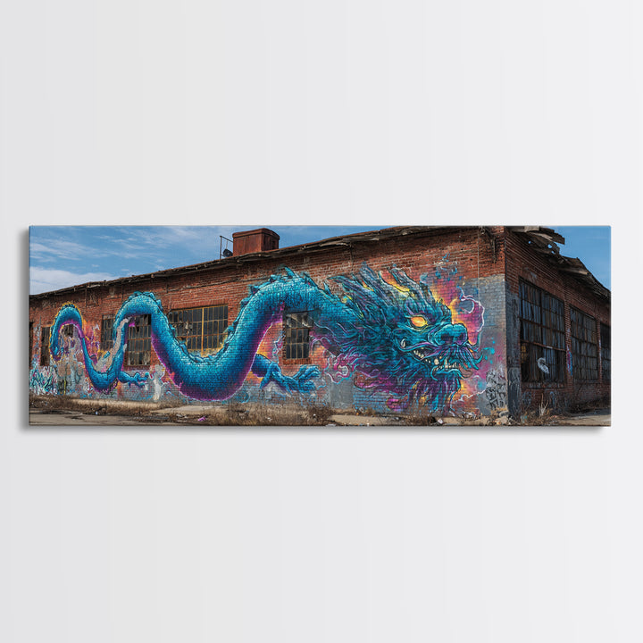 Blue Dragon Graffiti Street Art Wall Art Canvas Print Vibrant Large Urban Wall Decor With Detailed Fantasy Design