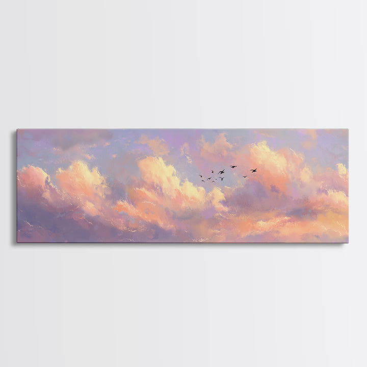 Peach Sunset Clouds With Distant Birds Canvas Print, Soft Pastel Wall Art, Dreamy Landscape Calming Decor, Living Room Wall Art