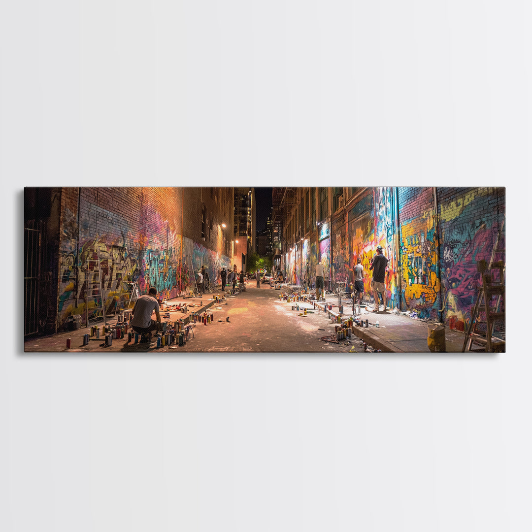 Nighttime Urban Graffiti Alleyway Street Art Scene Vibrant Spray Paint Murals Wall Art Framed Canvas Print