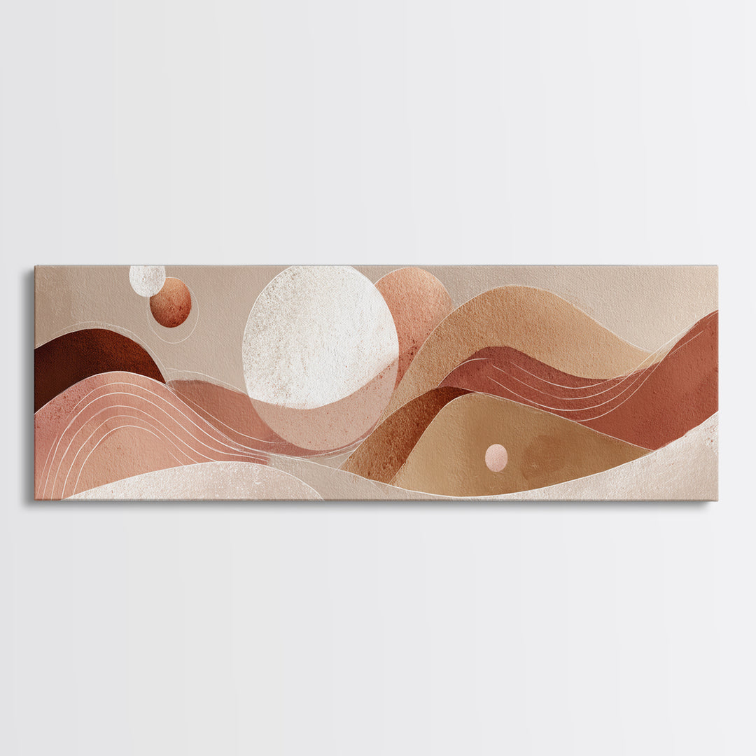 Abstract Terracotta Desert Dunes With Sun And Moons Wall Art, Mid Century Canvas Print, Earth Tone Decor, Modern Boho Art