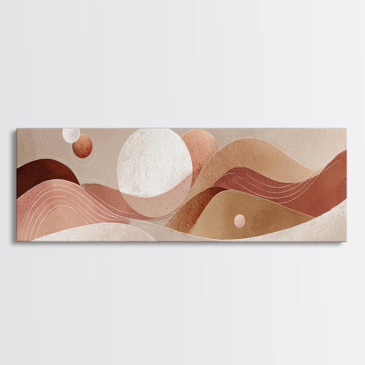 Abstract Terracotta Desert Dunes With Sun And Moons Wall Art, Mid Century Canvas Print, Earth Tone Decor, Modern Boho Art