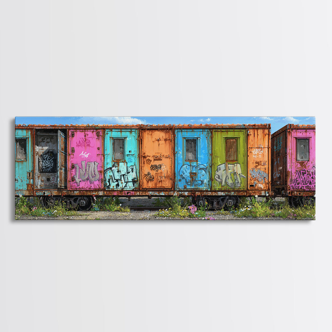 Colorful Rusted Graffiti Freight Train Car Urban Street Art Wall Art Canvas Print