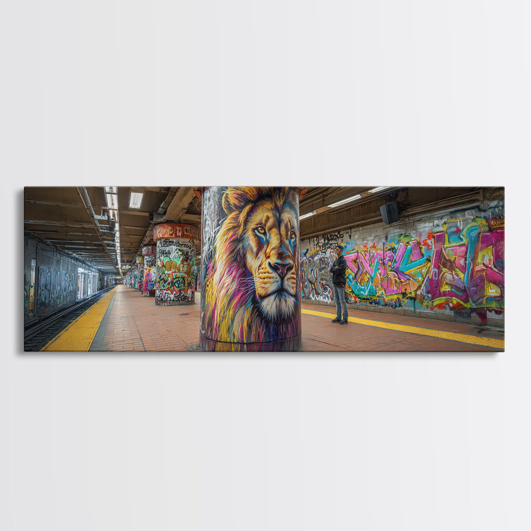 Urban Graffiti Lion Mural Subway Station Wall Art Canvas Print Vibrant Street Art Modern Wall Decor