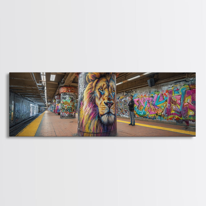 Urban Graffiti Lion Mural Subway Station Wall Art Canvas Print Vibrant Street Art Modern Wall Decor