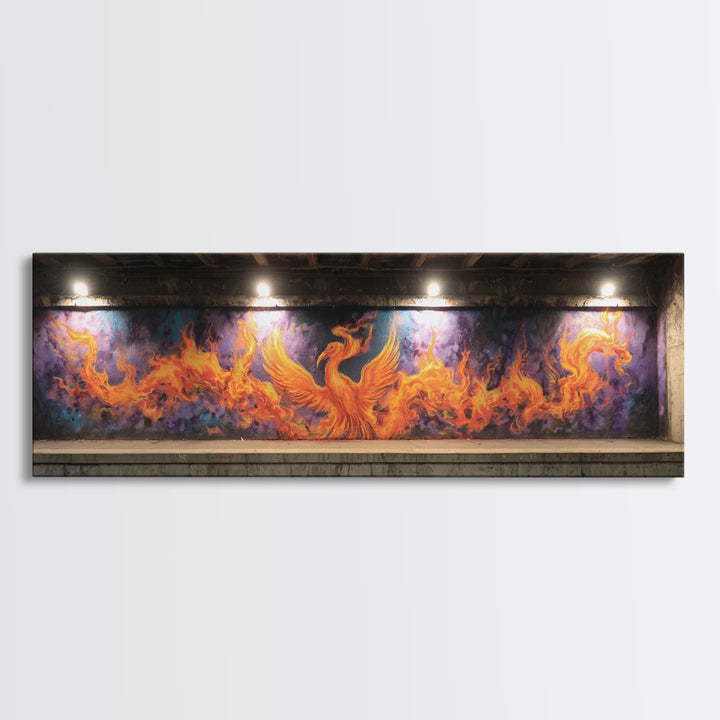 Vibrant Phoenix Graffiti Mural Street Art With Flames Fire And Purple Background Urban Wall Art Canvas Print