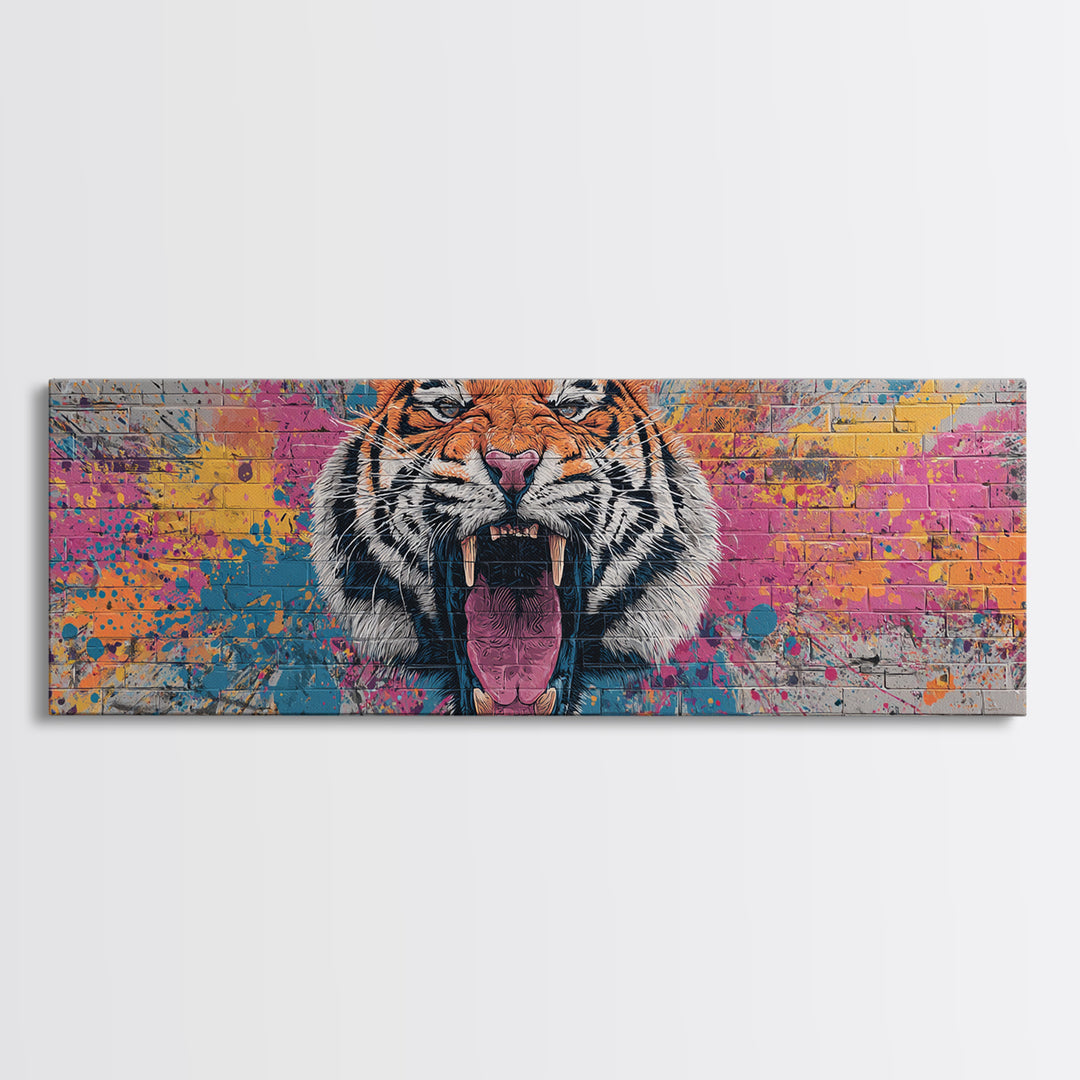 Vibrant Roaring Tiger Graffiti Mural Street Art Wall Painting Framed Canvas Print Urban Home Decor And Bold Living Room Wall Art