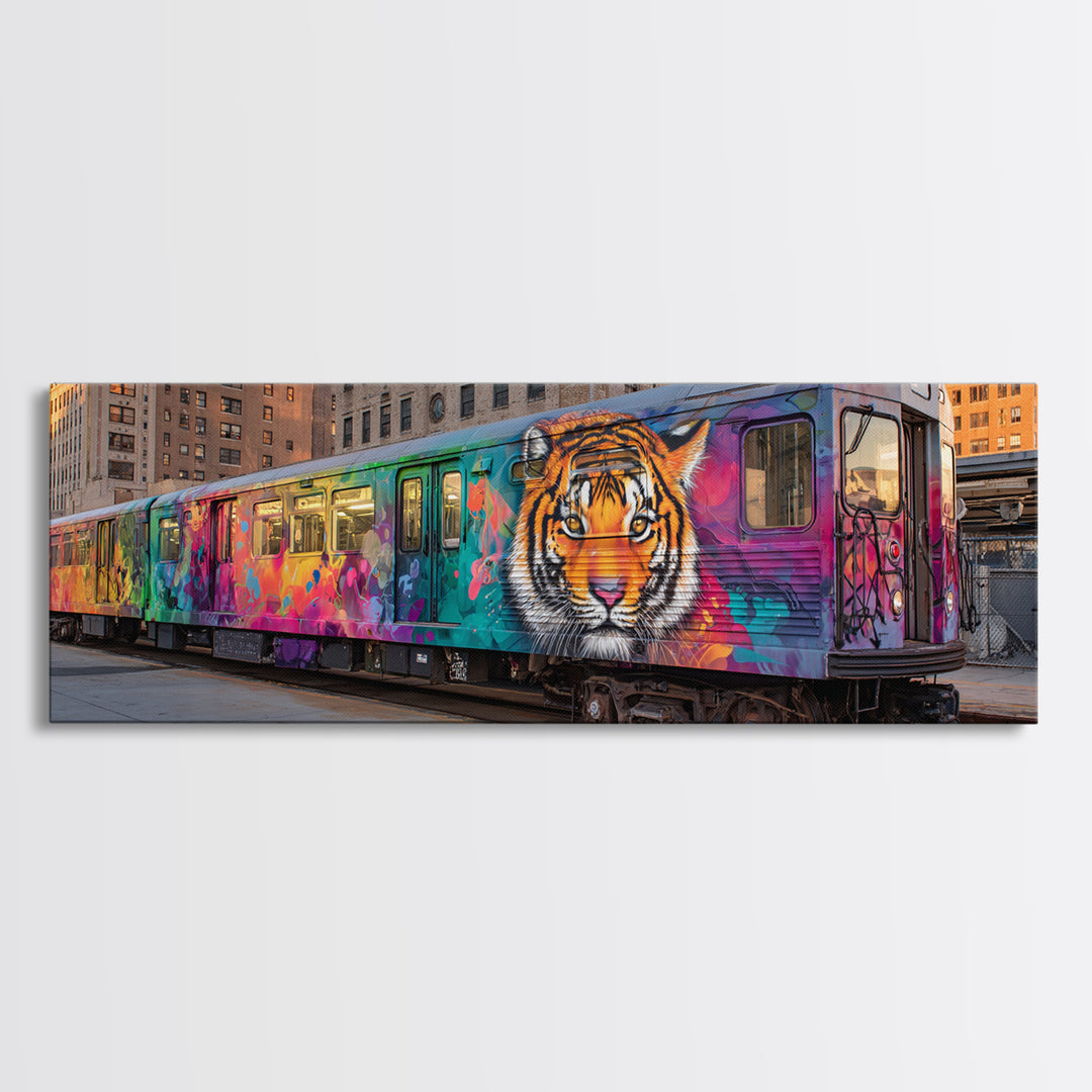 Graffiti Urban Art With Bright Tiger Mural On City Train Vibrant Street Culture Modern Wall Art Canvas Print