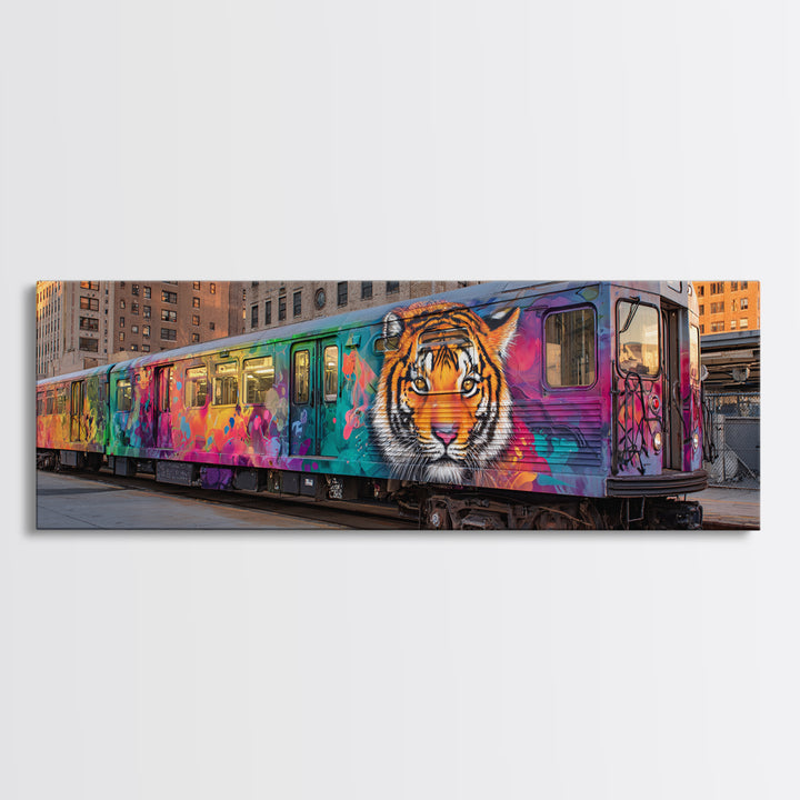 Graffiti Urban Art With Bright Tiger Mural On City Train Vibrant Street Culture Modern Wall Art Canvas Print