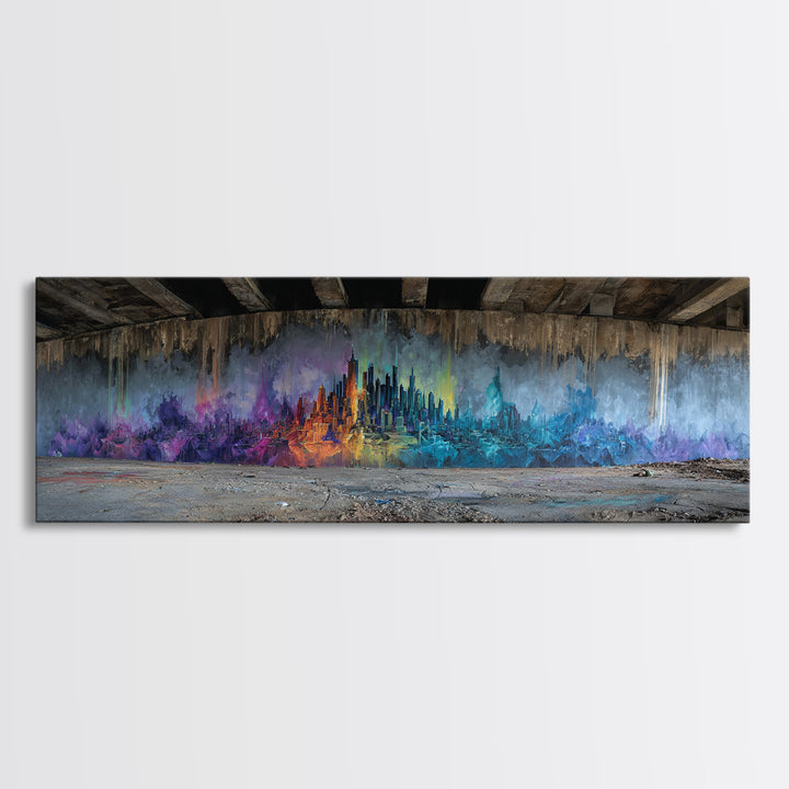 Vibrant Abstract Cityscape Street Art Featuring Colorful Skyline in Purple Blue and Orange Hues Wall Art