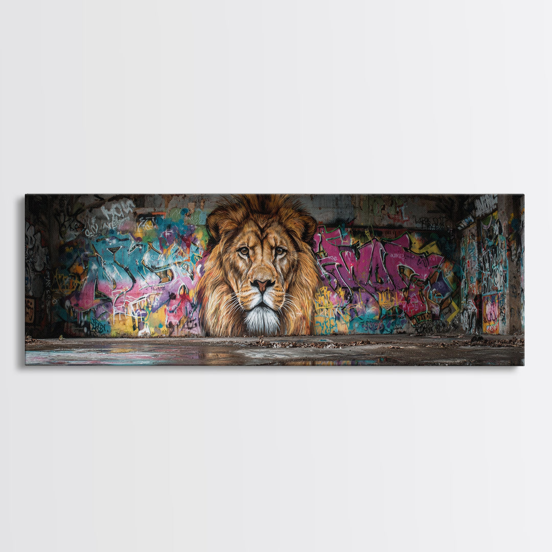 Vibrant Urban Graffiti Lion Mural Canvas Print Capturing Street Art Vibes With Striking Realism And Colorful Background Perfect Large Wall Art Decor