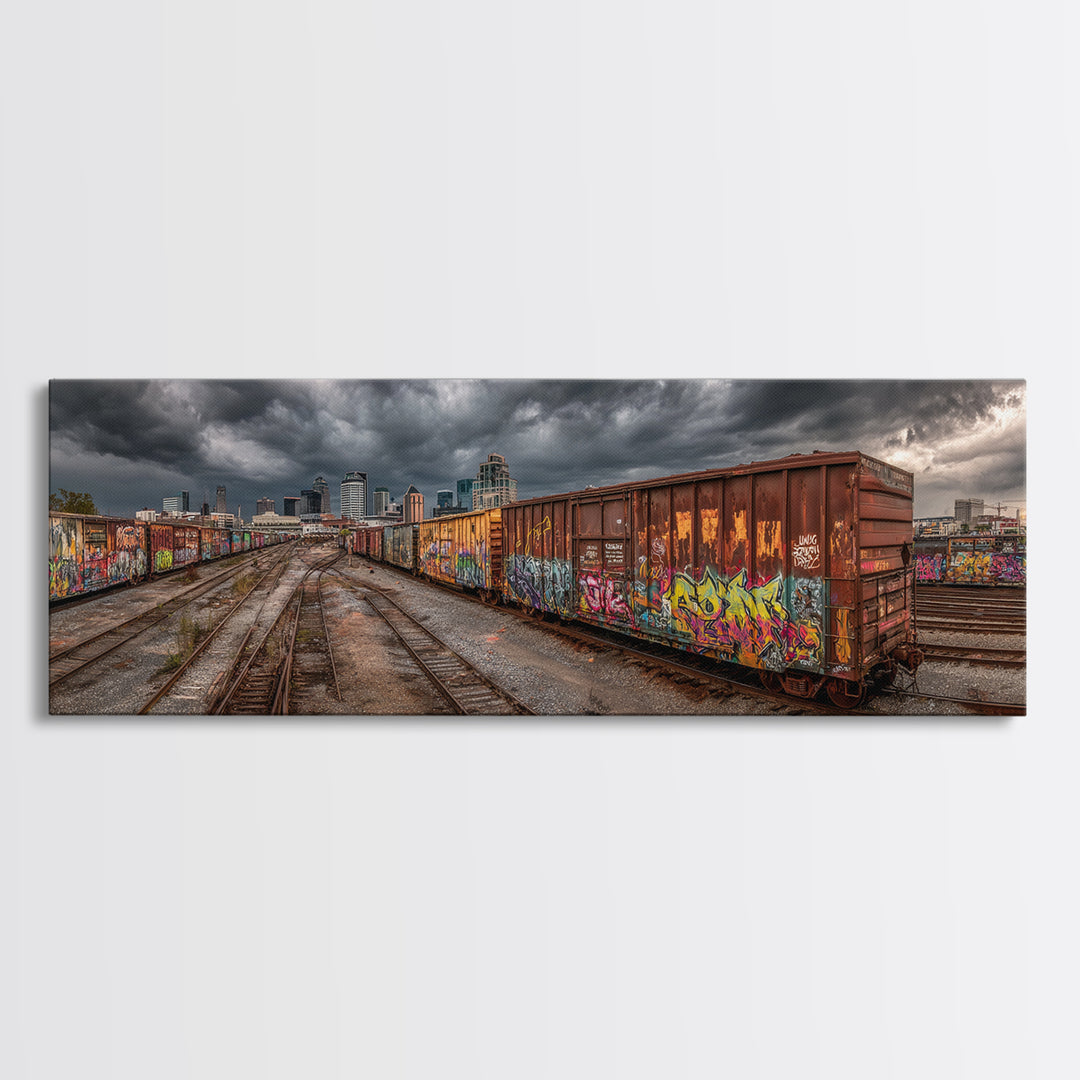 Urban Graffiti Covered Train Yard Under Moody Sky Wall Art Canvas Print For Contemporary Industrial Decor And Street Art