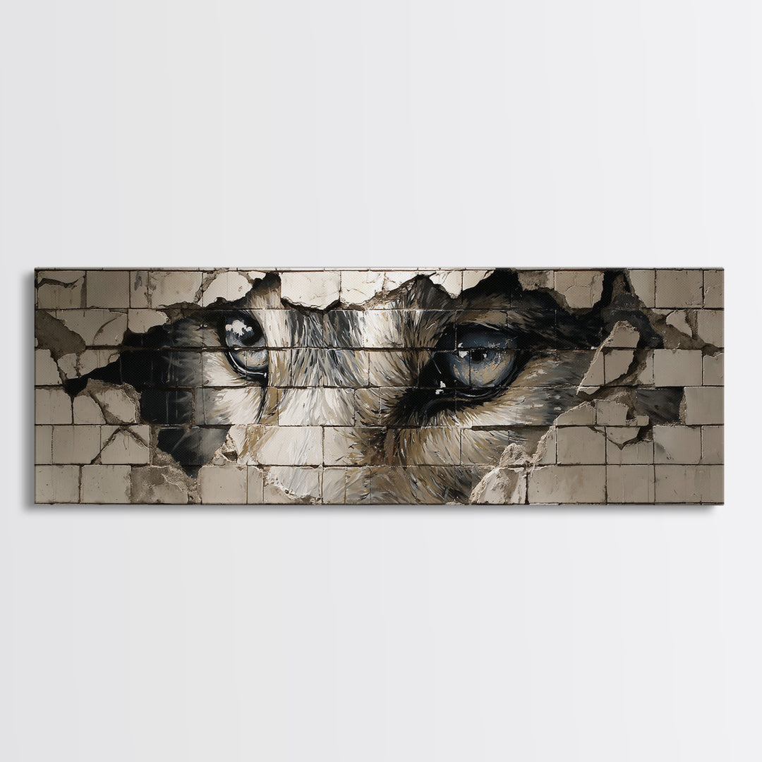 Intriguing Street Art Of Wolf Eyes Peering Through Broken Wall Painted On White Tiles Urban Wall Art Print