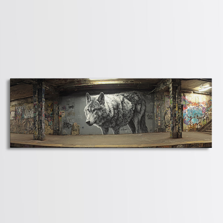 Black And White Urban Wolf Mural In Subways Graffiti Wall Art Print For Contemporary Living Room Decor Canvas Print