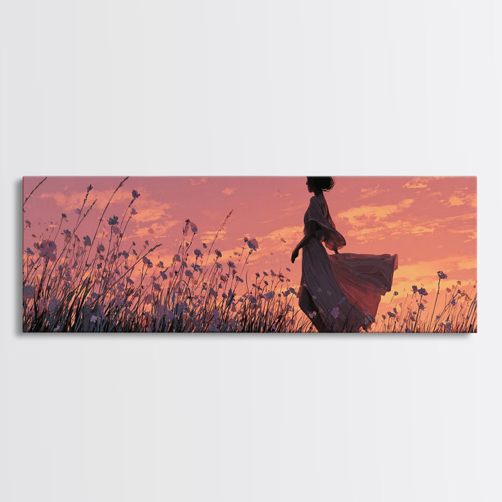 Woman Silhouette In Sunset Wildflower Meadow Canvas Print, Romantic Landscape Wall Art, Boho Bedroom Decor, Gift For Her