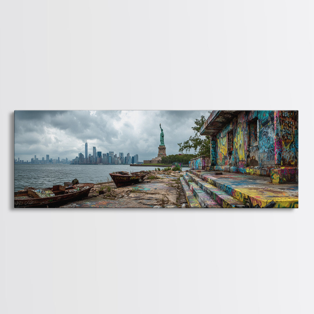 Cityscape With Statue And Graffiti Urban Street Scene Wall Art Framed Canvas Print For Industrial Home Decor And Gift For Him