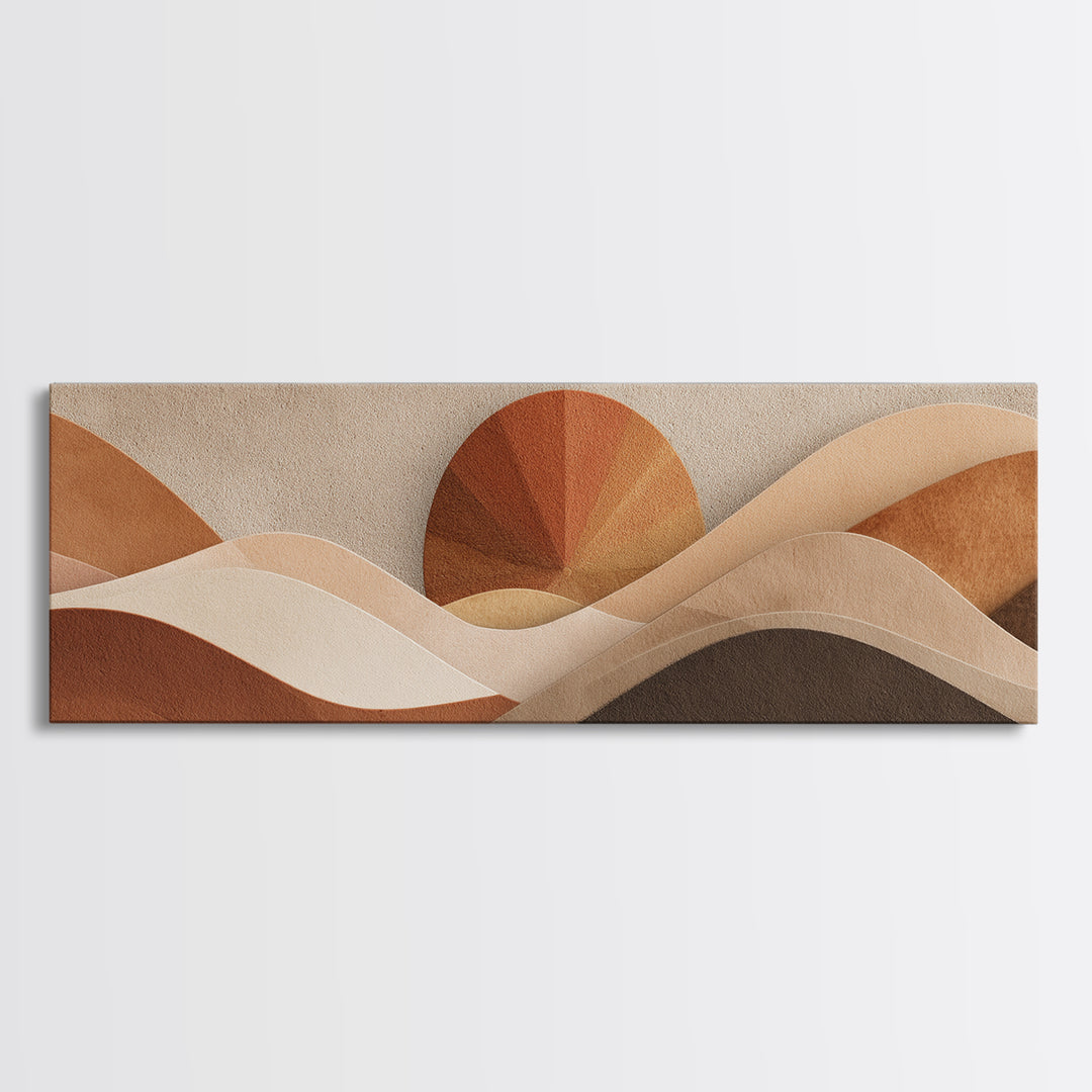 Abstract Desert Dunes And Sun Wall Art, Earth Tone Neutral Landscape, Mid Century Modern Decor, Large Horizontal Canvas Print