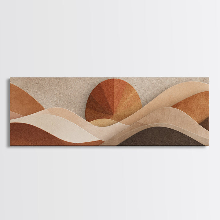 Abstract Desert Dunes And Sun Wall Art, Earth Tone Neutral Landscape, Mid Century Modern Decor, Large Horizontal Canvas Print