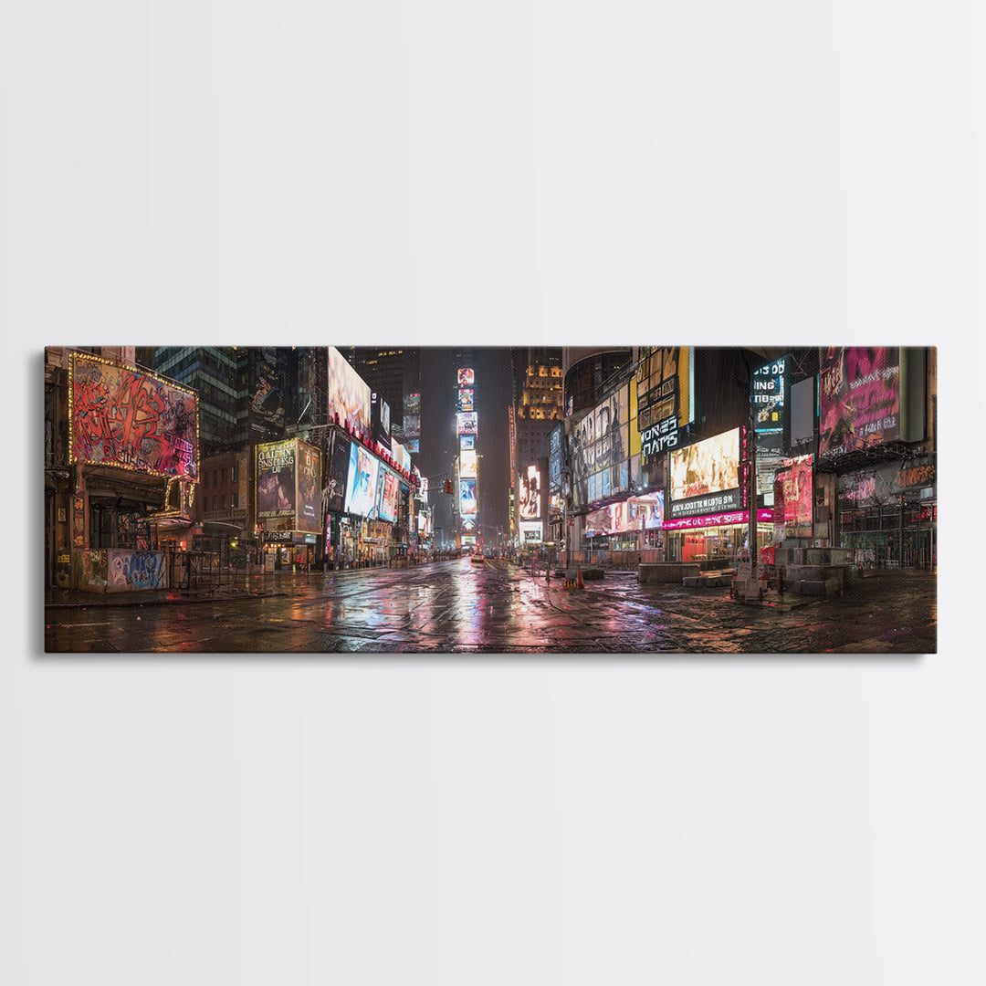 Vibrant Urban Night Scene With Neon Lights And Reflections Cityscape Wall Art Framed Canvas Print For Modern Home Decor