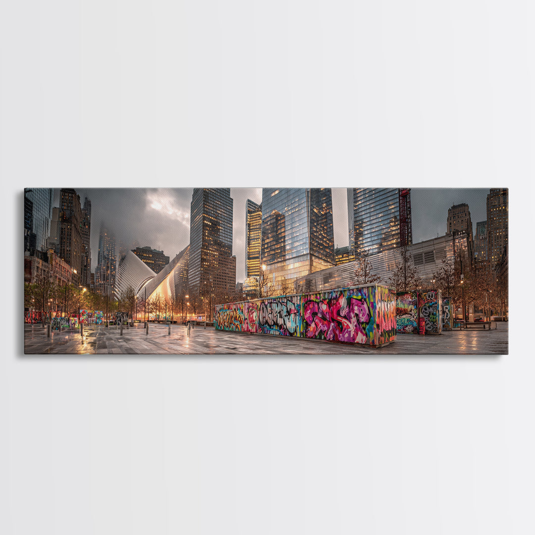 Vibrant Urban Landscape With Graffiti Walls And Reflective Wet Pavement - Modern Wall Art Canvas Print For Loft And City Apartment Decor
