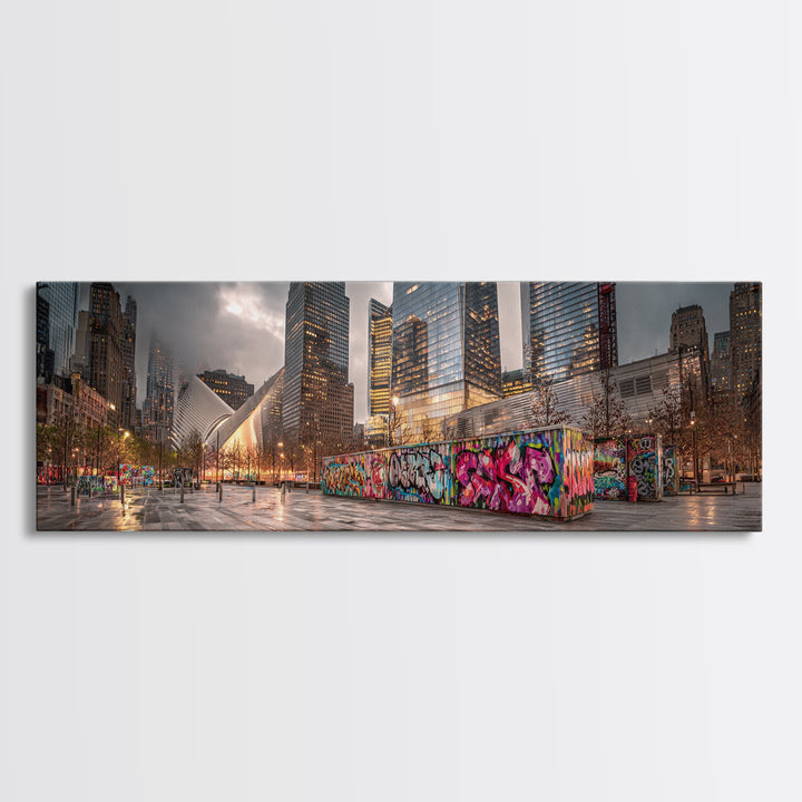 Vibrant Urban Landscape With Graffiti Walls And Reflective Wet Pavement - Modern Wall Art Canvas Print For Loft And City Apartment Decor