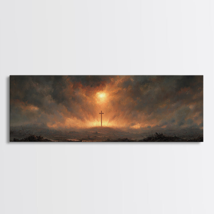 Dramatic Religious Cross Scene In Fiery Sunset Sky Oil Painting Canvas Print For Moody Wall Art And Christian Home Decor