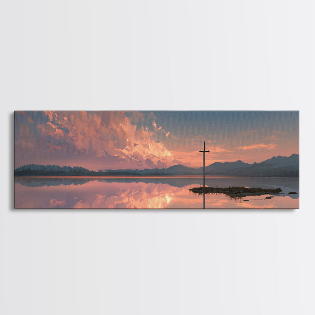 Peaceful Sword In Lake At Sunset Landscape Painting Wall Art Framed Canvas Print Tranquil Nature Scene For Bedroom Or Living Room Neutral Decor