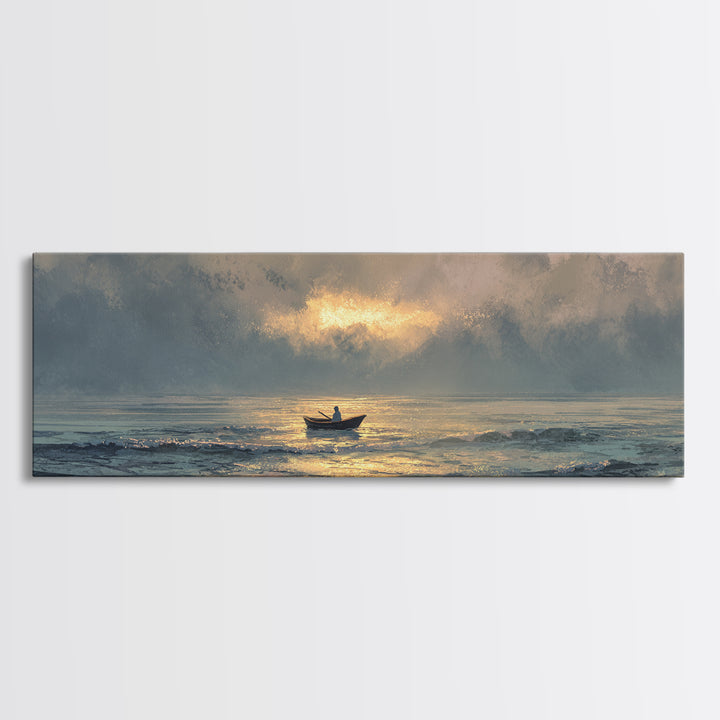 Contemplative Boat At Sea Sunrise Tranquil Ocean Scene Watercolor Style Wall Art Canvas Print Beach Decor