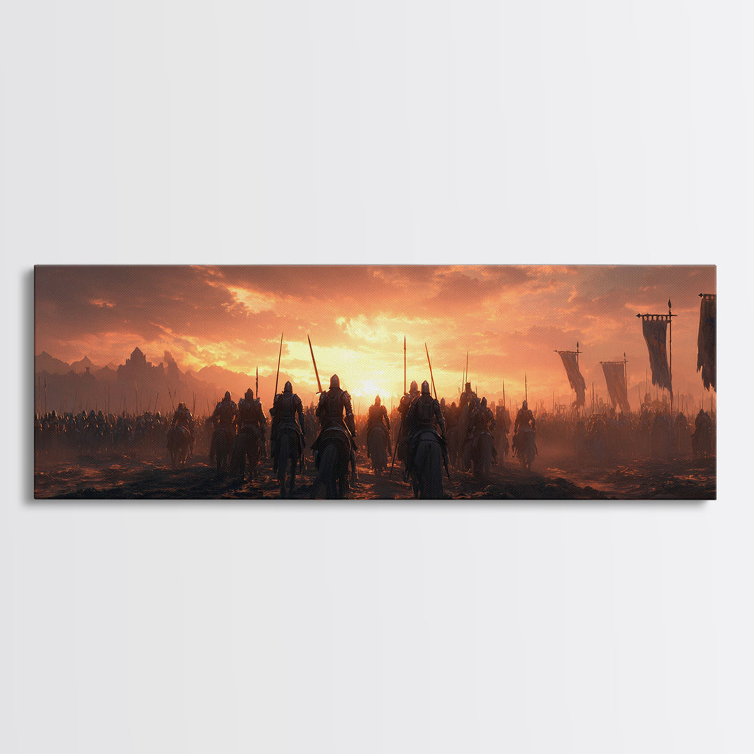 Epic Medieval Battle Scene At Sunset With Armored Knights And Banners Wall Art Framed Canvas Print For Home Decor