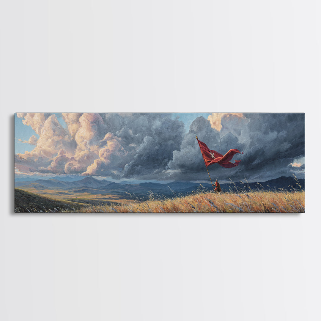 Majestic Knight in Armor Holding Sword With Dramatic Sky Background Medieval Fantasy Art Canvas Print