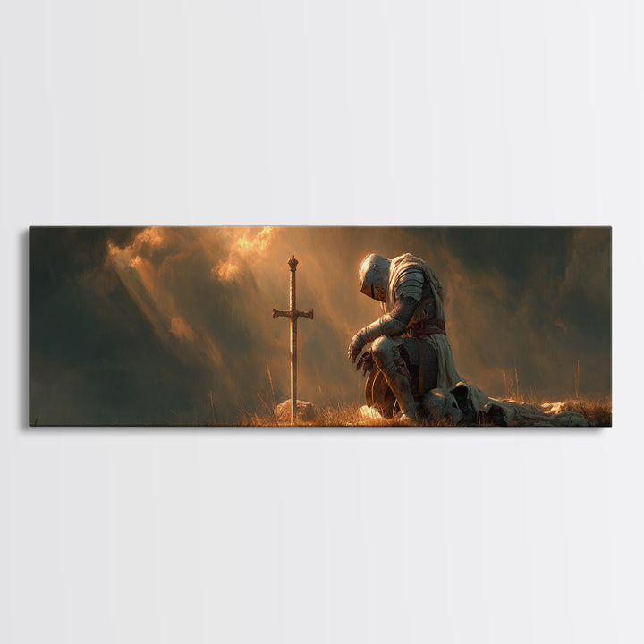 Kneeling Knight At Glowing Cross Wall Art, Christian Medieval Warrior Canvas, Prayer Room Decor, Inspirational Gift For Him