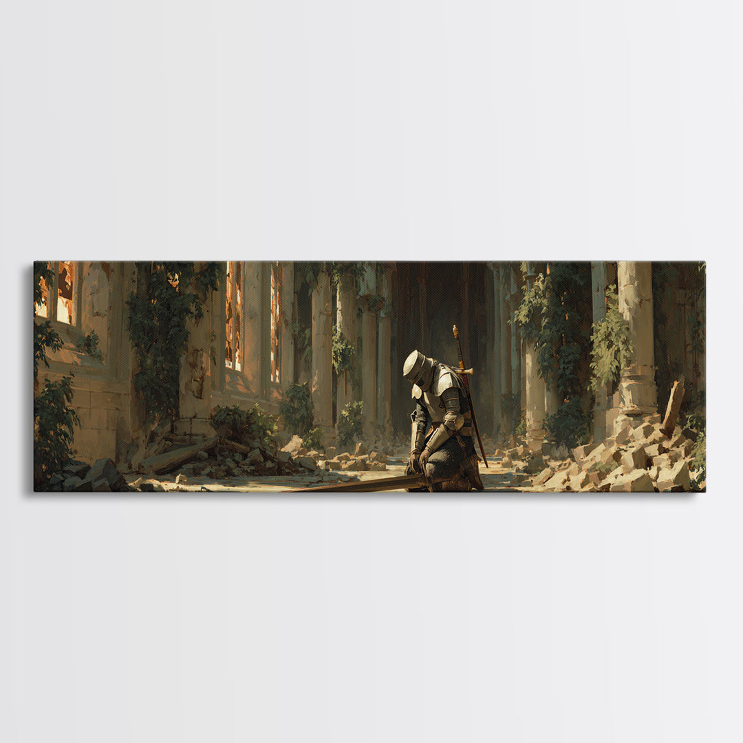 Kneeling Medieval Knight In Ruined Gothic Chapel With Sword Framed Canvas Print Dark Moody Wall Art