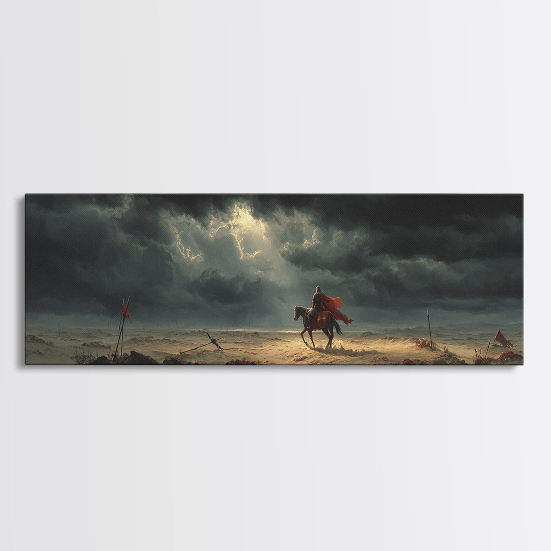Medieval Knight On Horseback Under Moody Skies, Epic Historical Oil Painting Wall Art Print, Large Canvas Print For Dramatic Home Decor
