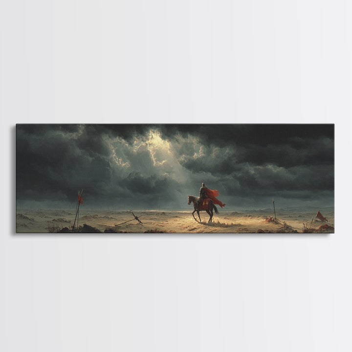 Medieval Knight On Horseback Under Moody Skies, Epic Historical Oil Painting Wall Art Print, Large Canvas Print For Dramatic Home Decor