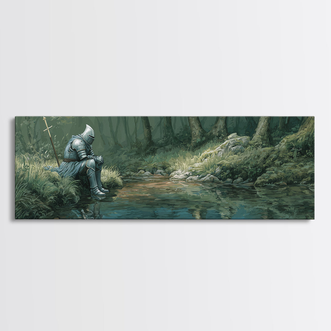Reflective Knight In Armor Sitting Near Stream Fantasy Wall Art Canvas Print For Living Room Decor