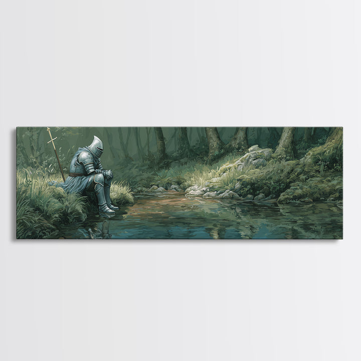 Reflective Knight In Armor Sitting Near Stream Fantasy Wall Art Canvas Print For Living Room Decor