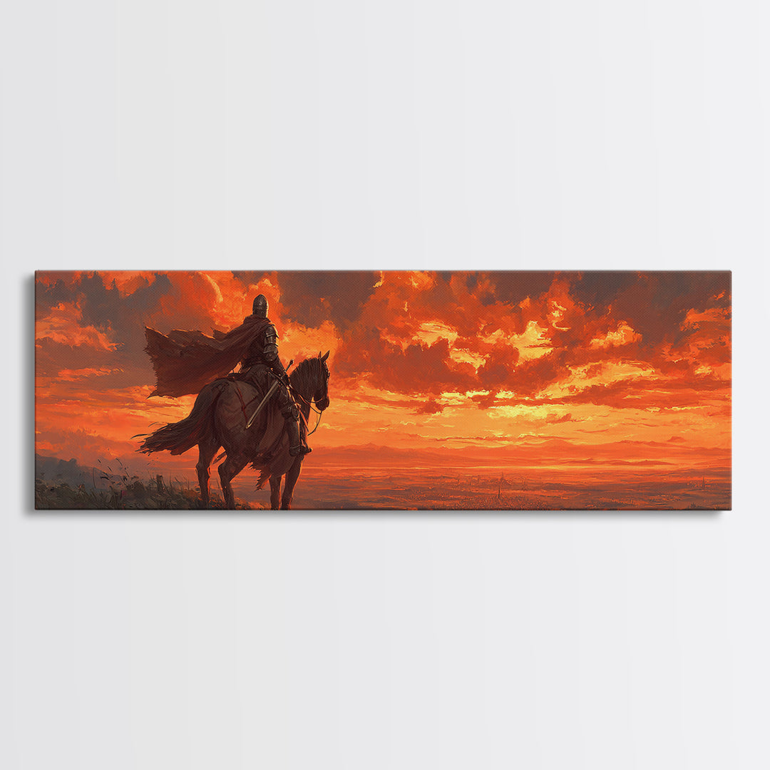 Knight In Armor On Horseback At Dusk Dramatic Sunset Canvas Print With Fiery Sky And Epic Medieval Scene Wall Art For Living Room Decor