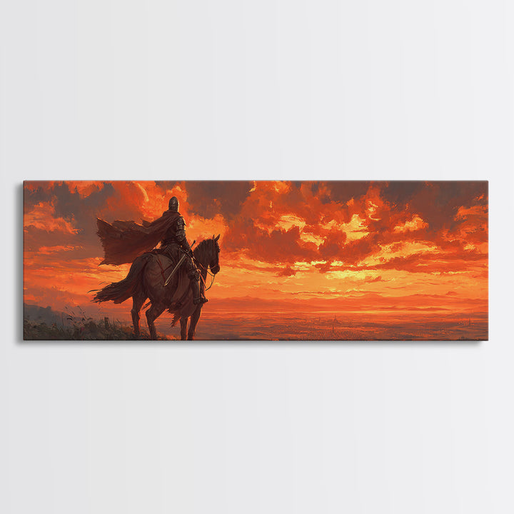 Knight In Armor On Horseback At Dusk Dramatic Sunset Canvas Print With Fiery Sky And Epic Medieval Scene Wall Art For Living Room Decor