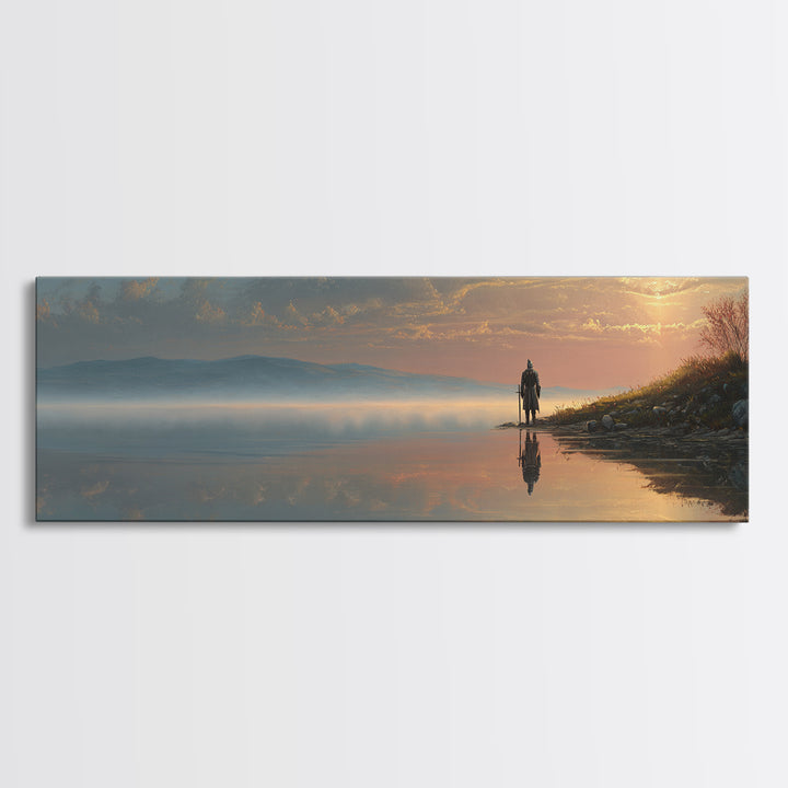 Knight Standing At Lakeside Reflective Water Realistic Landscape Oil Painting Canvas Print