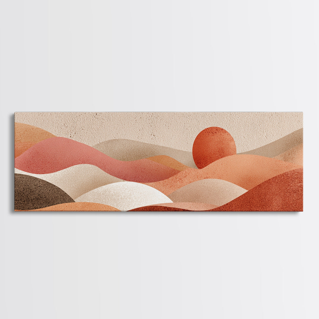 Soft Rolling Hills And Red Sun Wall Art, Abstract Landscape Canvas Print, Earth Tone Decor, Large Horizontal Living Room Art