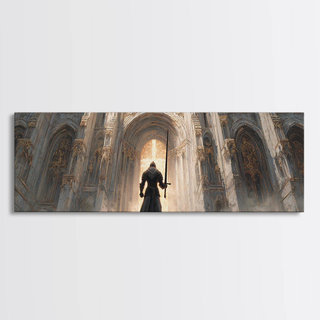 Epic Knight Standing Before Illuminated Cathedral Entrance Wall Art Framed Canvas Print For Dramatic Home Decor Gift