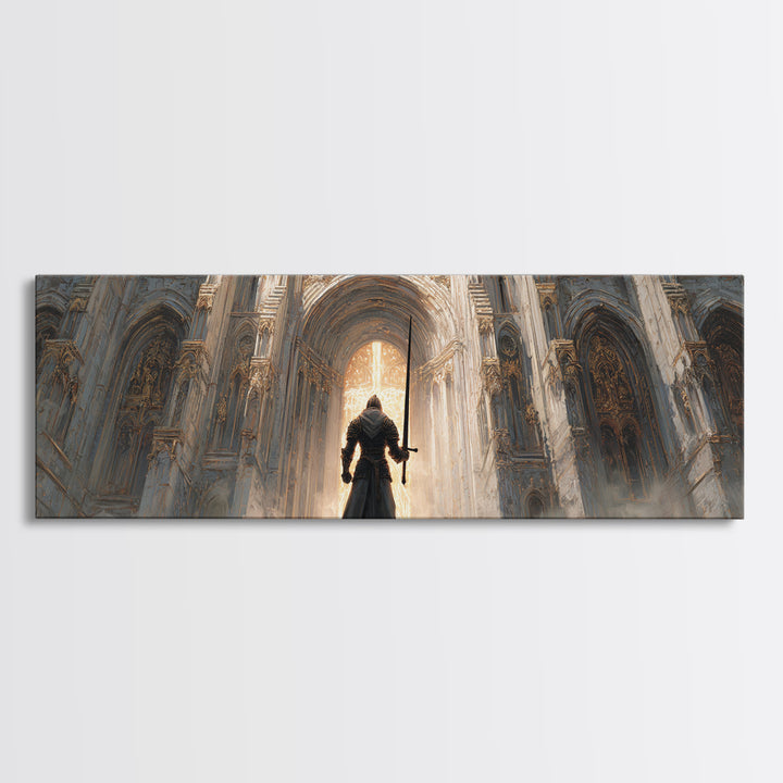 Epic Knight Standing Before Illuminated Cathedral Entrance Wall Art Framed Canvas Print For Dramatic Home Decor Gift